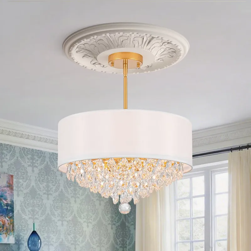 4-Light Crystal Accented White Fabric Drum Cage Chandelier — LightFixturesUSA LED Pendant Lights 60.0W 