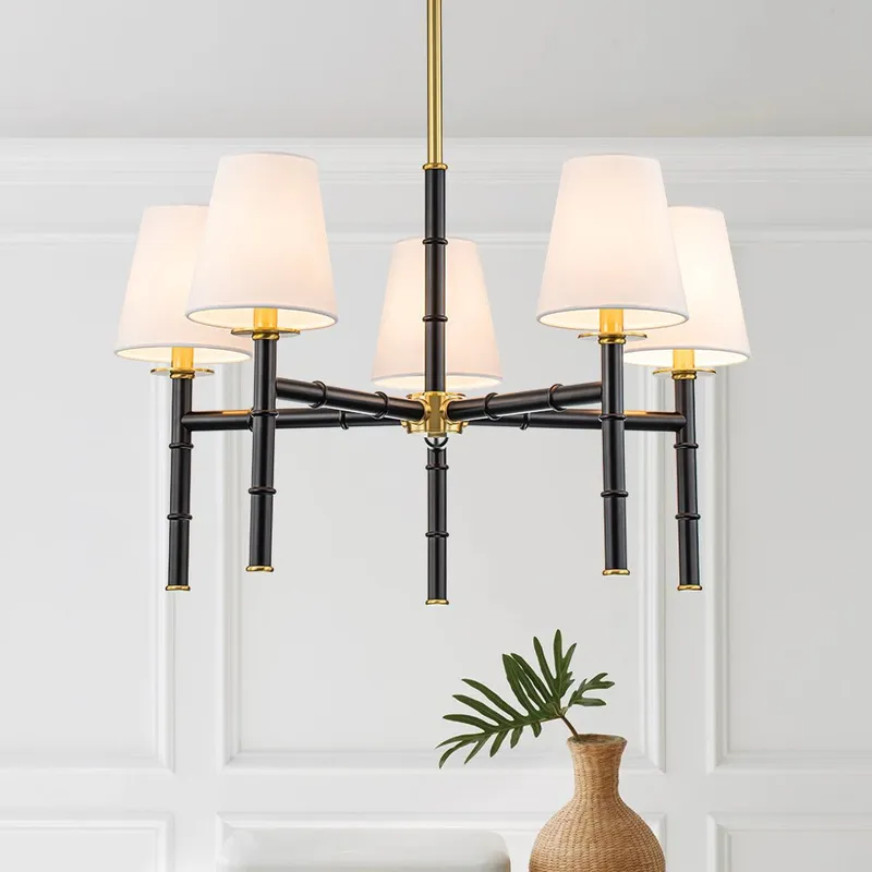 (OpenBox) Vintage Chic 5-Light White Linen Shade Chandelier — LightFixturesUSA LED Pendant Lights 40.0W 