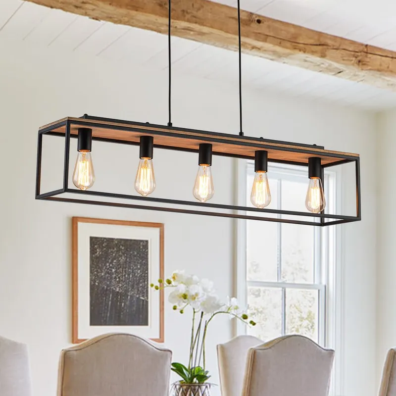 (OpenBox) 5-Light Aged Oak Iron Rectangle Cage Island Chandelier — LightFixturesUSA LED Pendant Lights 40.0W 