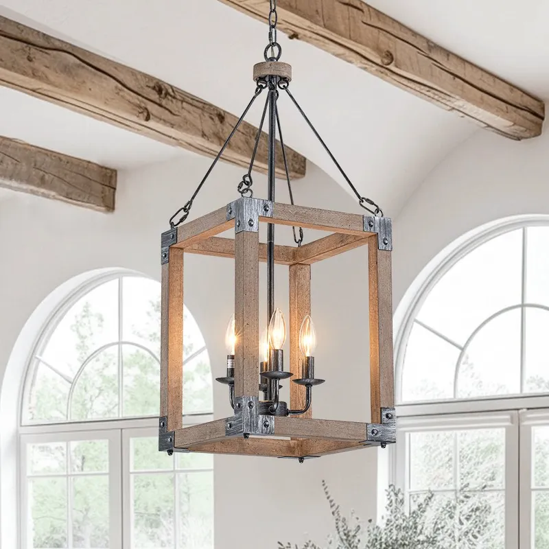 (OpenBox) Candle Style Weathered Wooden Square Cage Pendant — LightFixturesUSA LED Pendant Lights 40.0W 