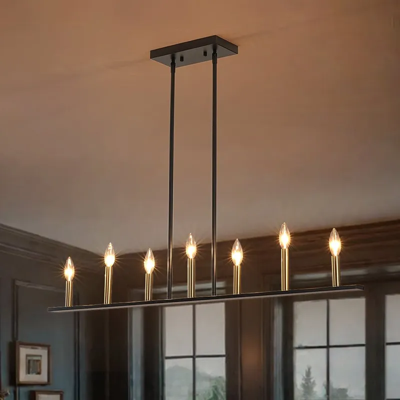(OpenBox) Minimalist Black Brass Candle Style Linear Island Chandelier — LightFixturesUSA LED Linear Lights 60.0W 