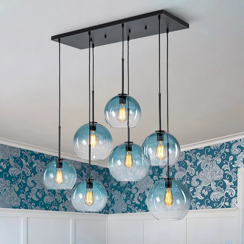 (OpenBox) 7-Light Cluster Blue Glass Globe Bubble Island Pendant — LightFixturesUSA LED Pendant Lights 40.0W 