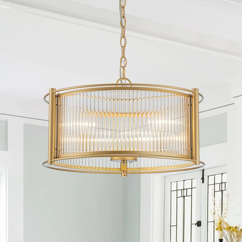 (OpenBox) Brass 3-Light Ribbed Glass Drum Lantern Pendant — LightFixturesUSA LED Pendant Lights 60.0W 