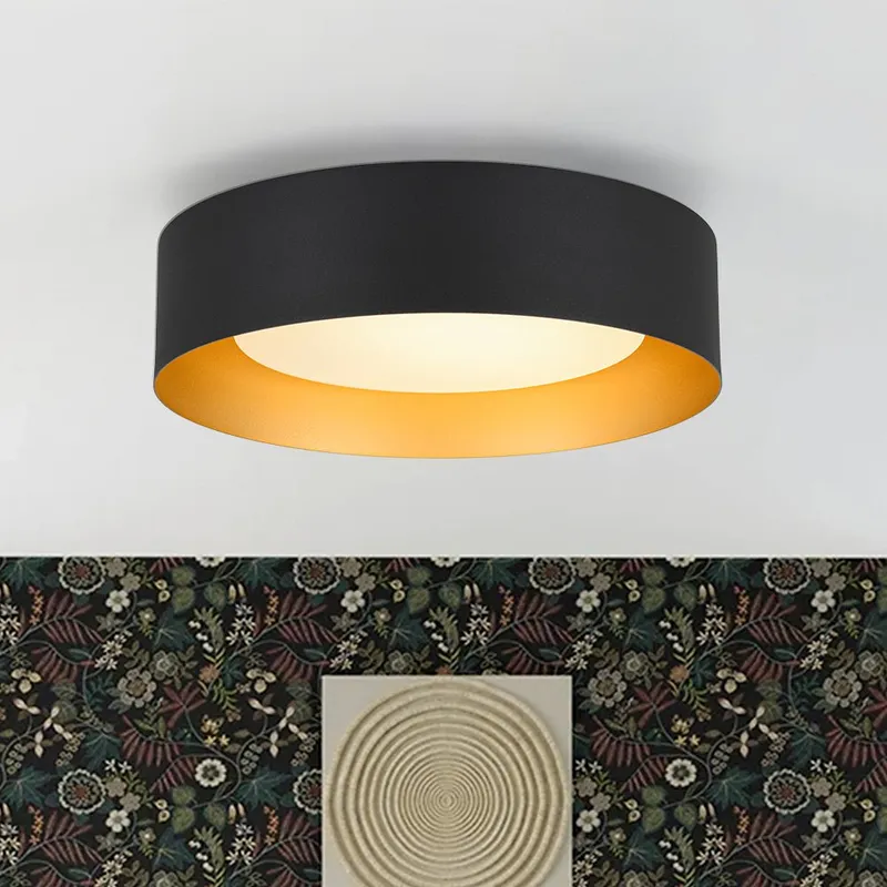Dimmable LED Black Iron Milky Glass Round Drum Ceiling Light — LightFixturesUSA LED Ceiling Lights 23.0W 3000K