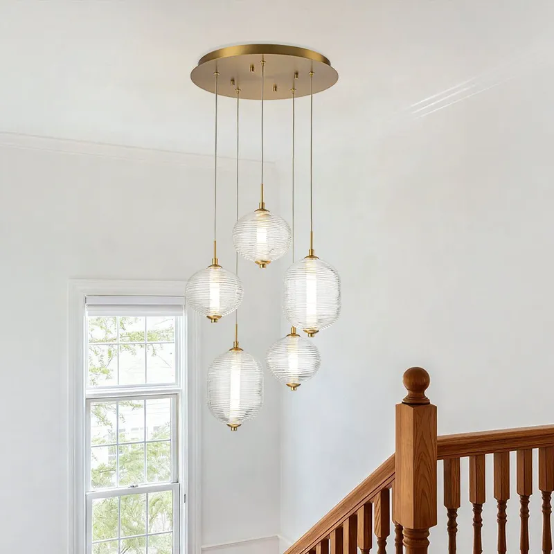 5-Light Cluster Ribbed Glass LED Round Entryway Chandelier — LightFixturesUSA LED Pendant Lights 27.0W 3000K
