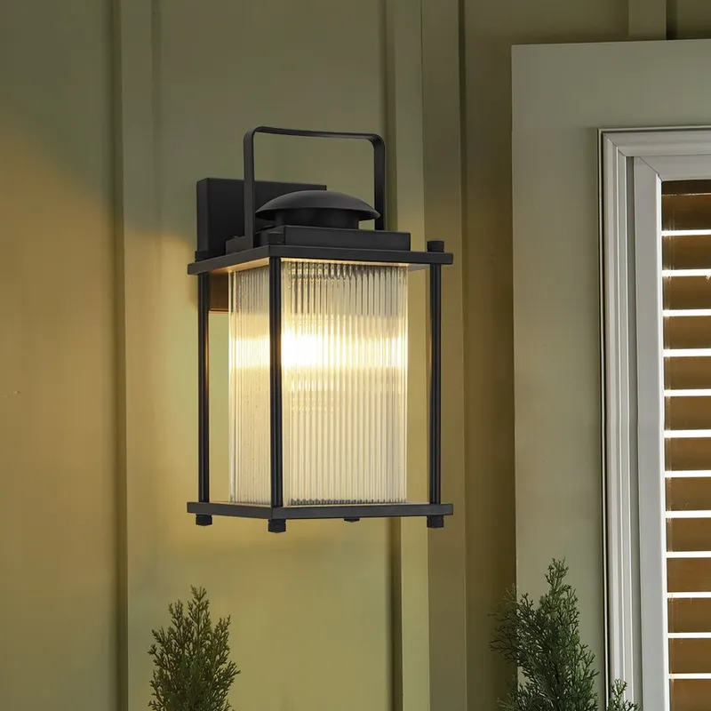 IP23 Black Ribbed Glass Square Outdoor Wall Lantern — LightFixturesUSA LED Wall Lights 60.0W 