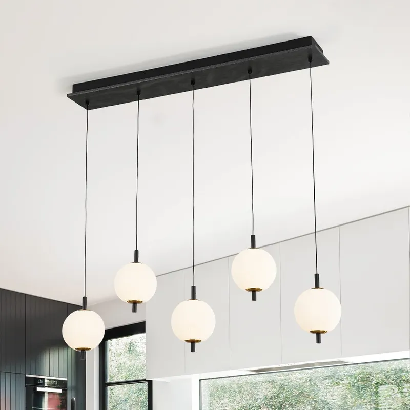 Dimmable LED Frosted Ribbed Glass Globe 5-Light Linear Island Pendant — LightFixturesUSA LED Linear Lights 20.0W 3000K