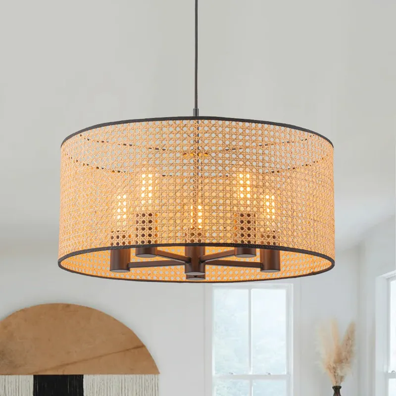 Farmhouse Wide Woven Rattan Drum Cage Pendant Light — LightFixturesUSA LED Pendant Lights 60.0W 