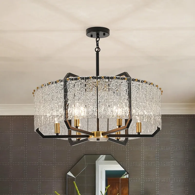 Black Brass 6-Light Rippled Glass Drum Cage Chandelier — LightFixturesUSA LED Pendant Lights 60.0W 