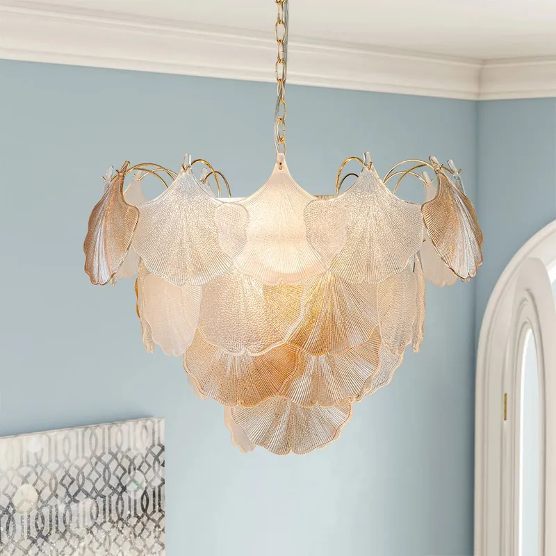 French Gold Layered Ginkgo Leaf Textured Glass Chandelier — LightFixturesUSA LED Pendant Lights 25.0W 