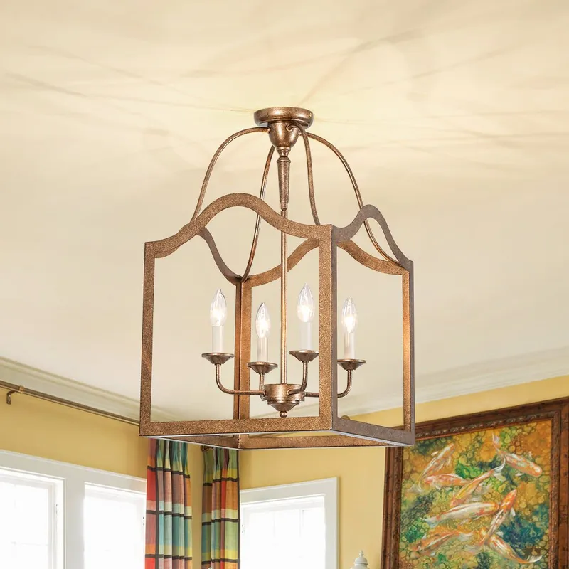 4-light Antique Bronze Candle Square Lantern Semi Flush — LightFixturesUSA LED Ceiling Lights 60.0W 
