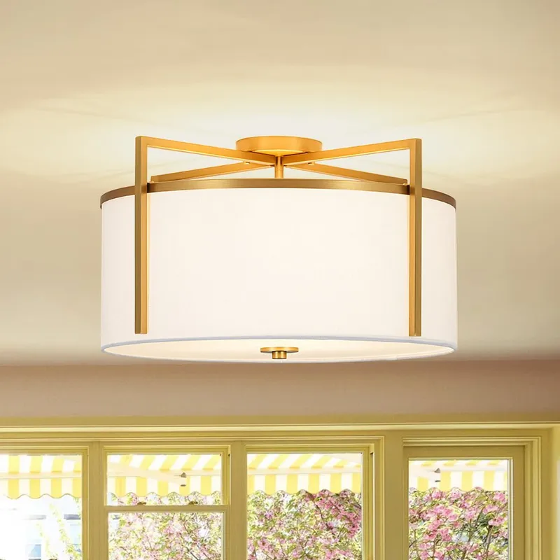 Retro Wide Drum Round Linen Cage Semi Flush Mount — LightFixturesUSA LED Ceiling Lights 40.0W 