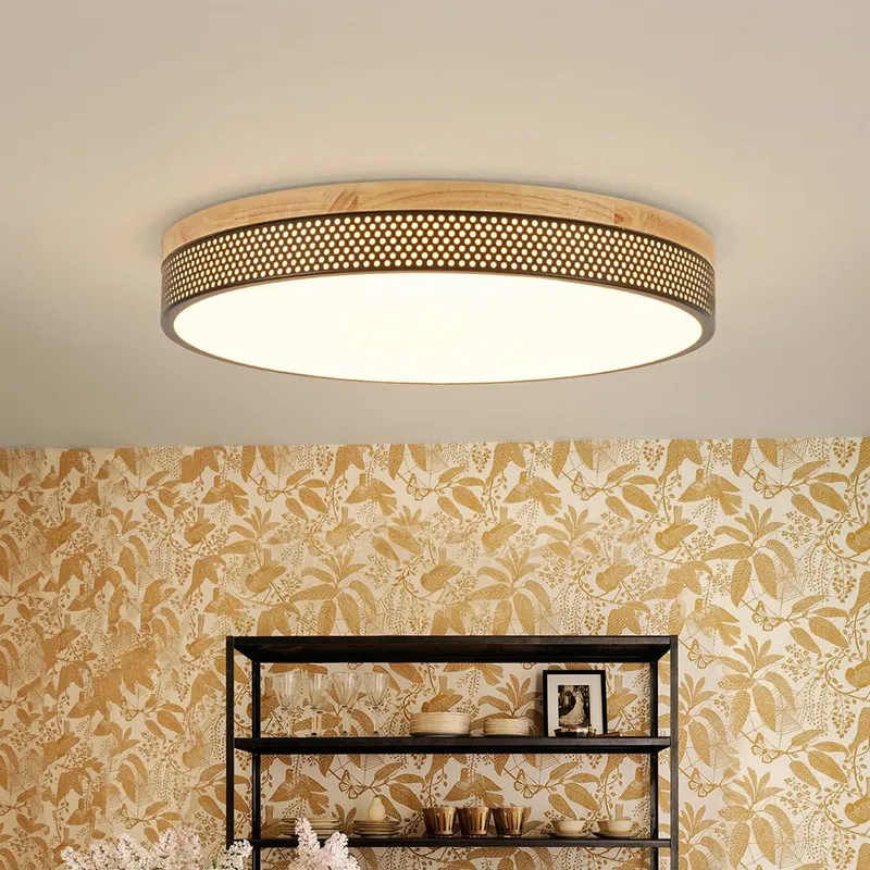 Rustic Black Mesh Wooden Dimmable LED Round Ceiling Light — LightFixturesUSA LED Ceiling Lights 23.0W 3000K