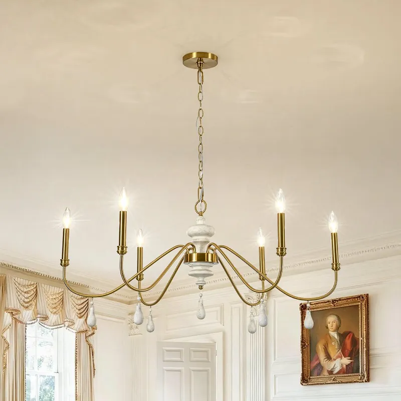 French Country White Wood Brass Iron Candle Chandelier — LightFixturesUSA LED Pendant Lights 60.0W 