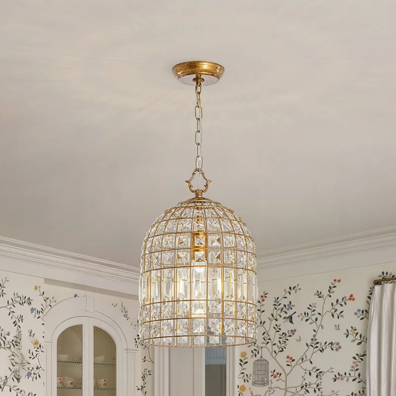 French Shabby Chic Antique Brass Crystal Cage Chandelier — LightFixturesUSA LED Pendant Lights 60.0W 