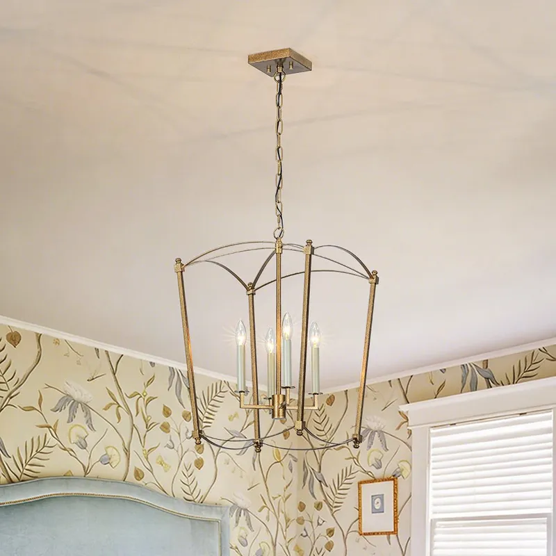 4-light French Antique Gold Candle Square Lantern Chandelier — LightFixturesUSA LED Pendant Lights 60.0W 