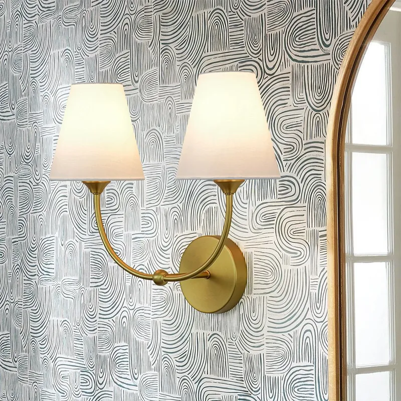 French 2-Light White Linen Conical Vanity Wall Sconce — LightFixturesUSA LED Wall Lights 60.0W 