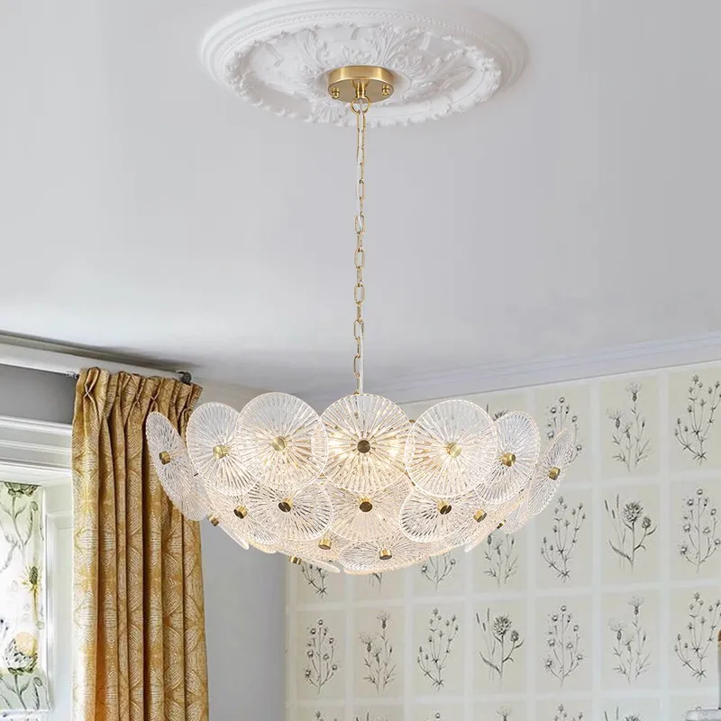 Glam Brass Ribbed Glass Floral Round Basket Chandelier — LightFixturesUSA LED Pendant Lights 40.0W 