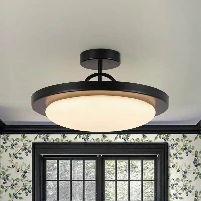 Nordic Black White Dimmable LED Round Semi Flush Mount — LightFixturesUSA LED Ceiling Lights 17.0W 3000K
