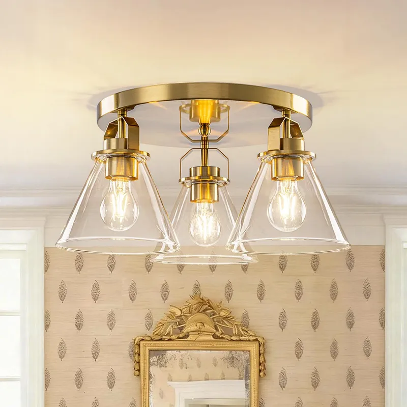 Brass 3-Light Glass Conical Shade Round Ceiling Light — LightFixturesUSA LED Ceiling Lights 60.0W 