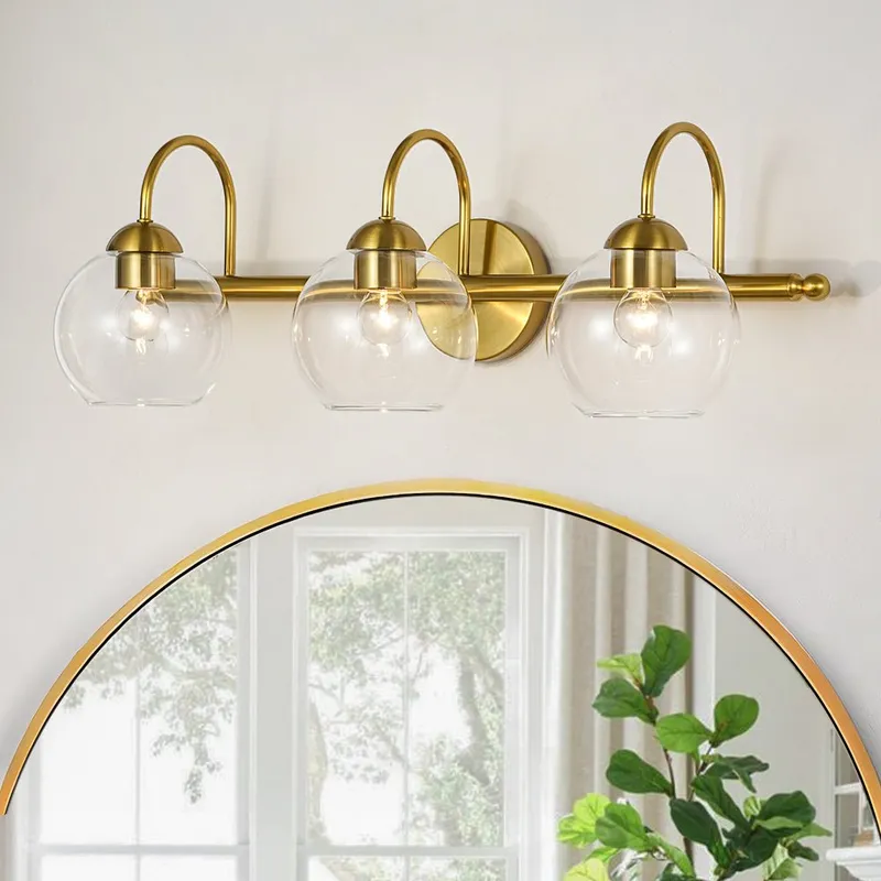 Brass Goose Arm Glass Globe 3-Light Vanity Wall Sconce — LightFixturesUSA LED Wall Lights 60.0W 