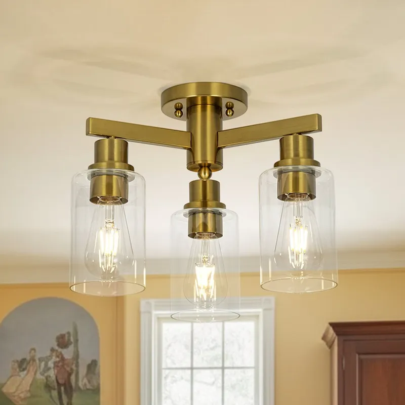 Brass 3-Light Clear Glass Cylinder Semi Flush Mount — LightFixturesUSA LED Ceiling Lights 60.0W 