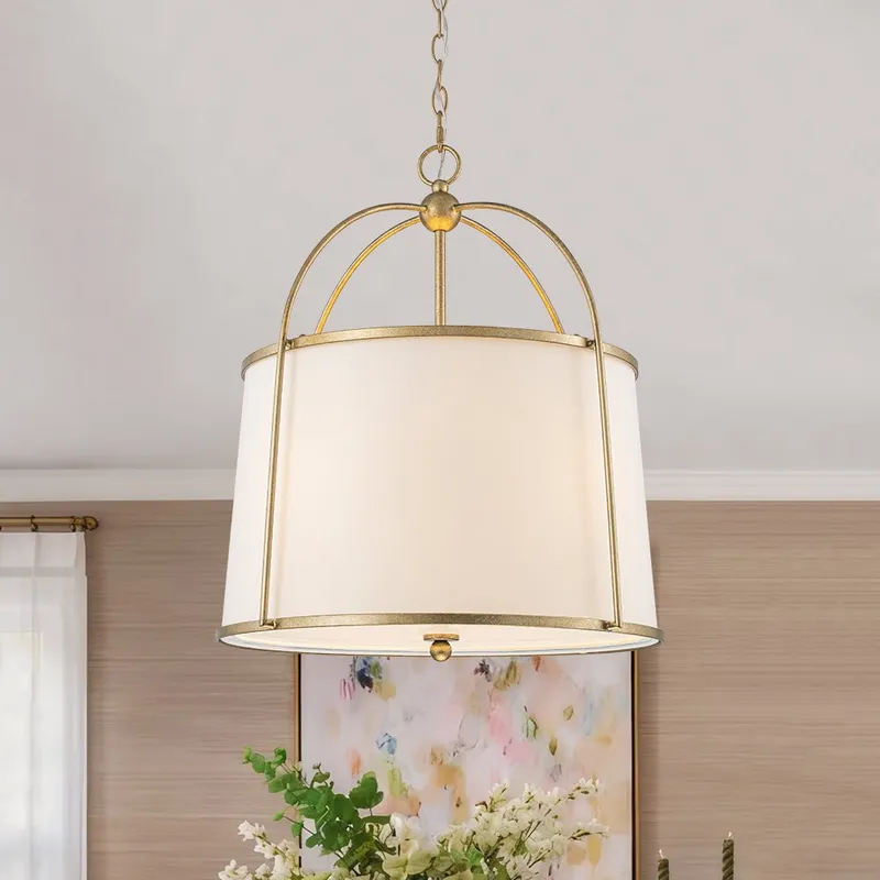 4-Light Distressed Gold White Linen Drum Lantern Pendant — LightFixturesUSA LED Pendant Lights 60.0W 