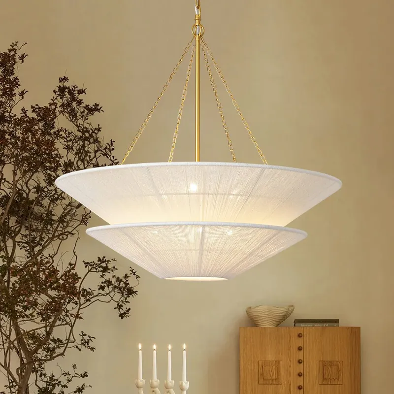 French 2-Tier Beige Woven Thread Cone Round Cage Chandelier — LightFixturesUSA LED Pendant Lights 60.0W 