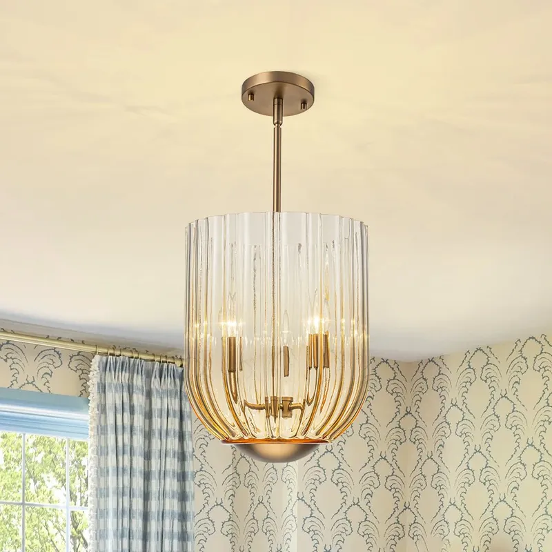 3-Light Candle Style Bell Ribbed Tinted Glass Ceiling Pendant — LightFixturesUSA LED Pendant Lights 60.0W 