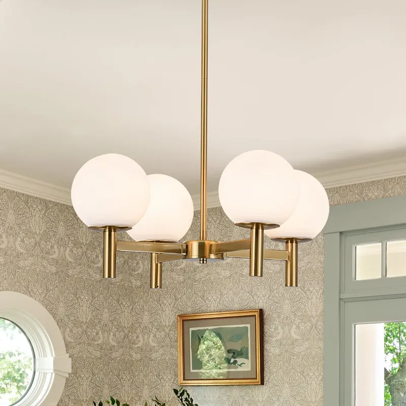 Brass 4-Light Opal Glass Globe Round Sputnik Chandelier — LightFixturesUSA LED Pendant Lights 40.0W 