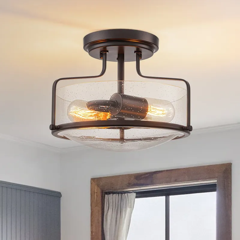 Industrial Round Seeded Glass Semi Flush Mount Light — LightFixturesUSA LED Ceiling Lights 60.0W 