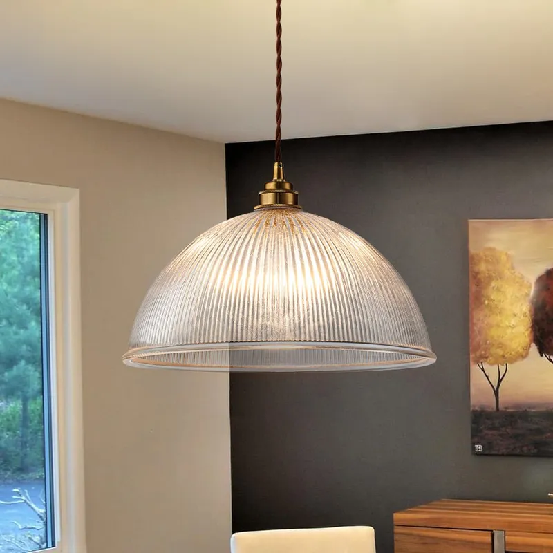 French Retro 1-Light Clear Ribbed Glass Dome Pendant — LightFixturesUSA LED Pendant Lights 60.0W 