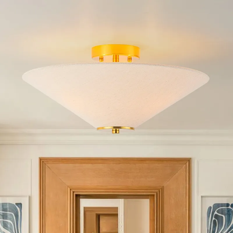 French Country Ivory Linen Conical Cage Semi Flush Mount — LightFixturesUSA LED Ceiling Lights 60.0W 