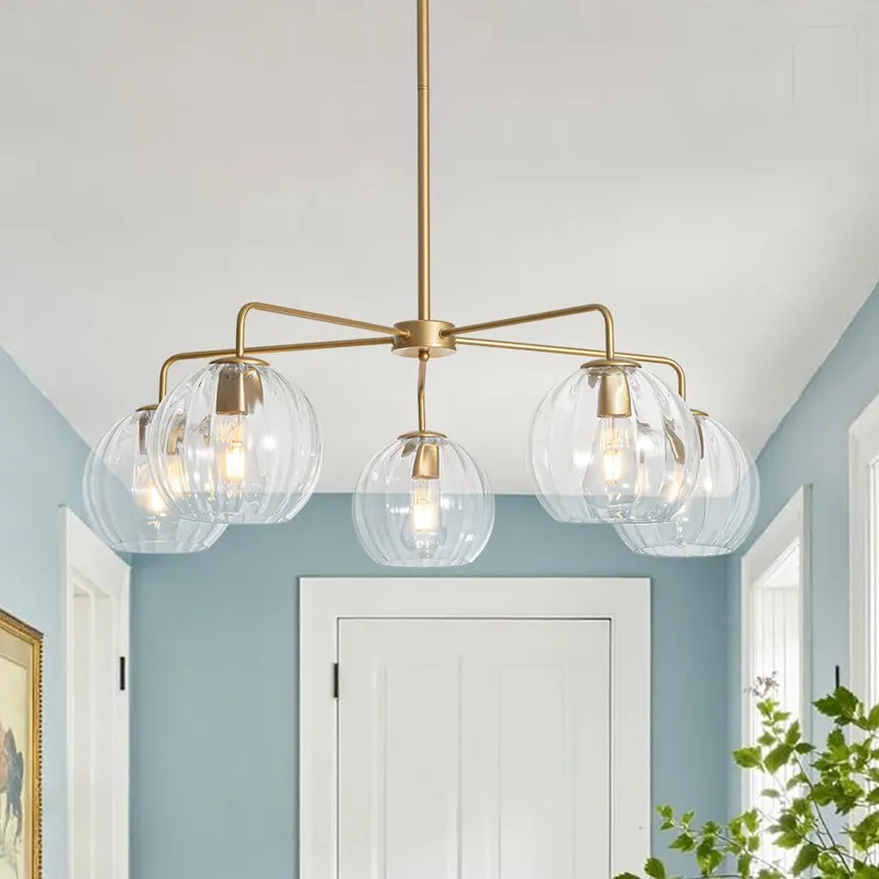 Brass Striped Ribbed Glass Globe 5-light Sputnik Chandelier — LightFixturesUSA LED Linear Lights 40.0W 