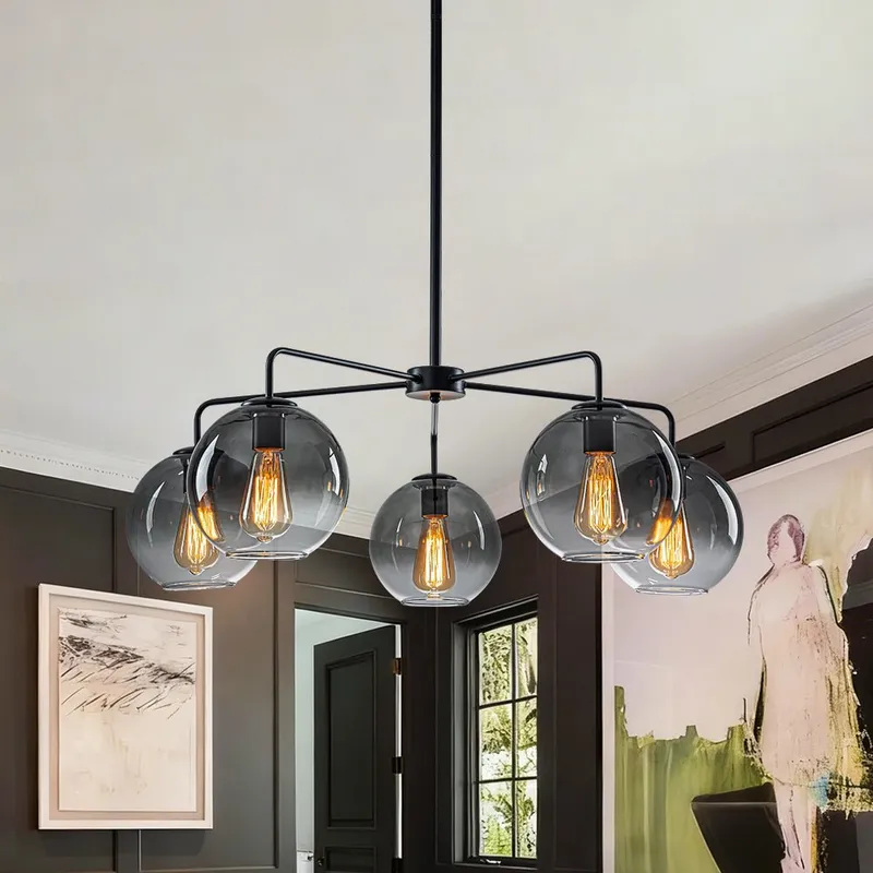5-Light Smoked Grey Tinted Glass Globe Round Sputnik Chandelier — LightFixturesUSA LED Pendant Lights 40.0W 