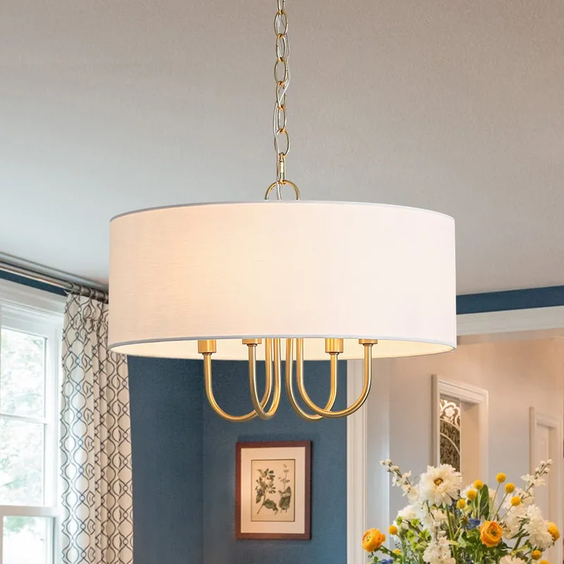4-Light Brass Candle Style White Fabric Drum Cage Chandelier — LightFixturesUSA LED Pendant Lights 60.0W 