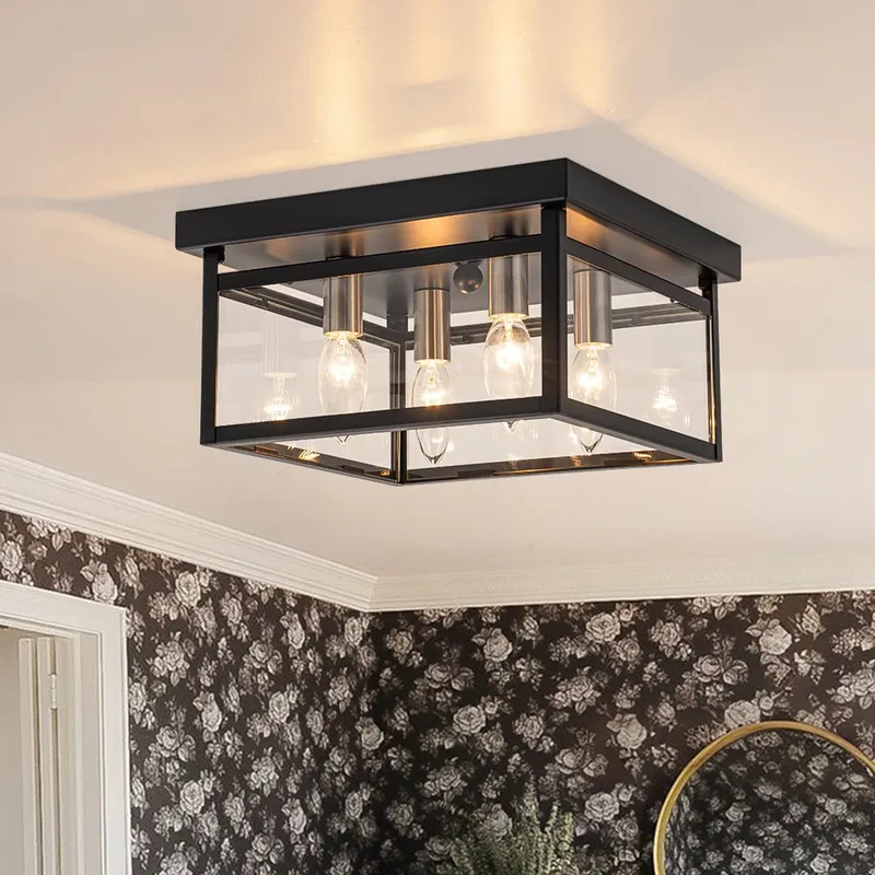 4-Light Clear Glass Black Square Cage Flush Mount Ceiling Light — LightFixturesUSA LED Ceiling Lights 60.0W 