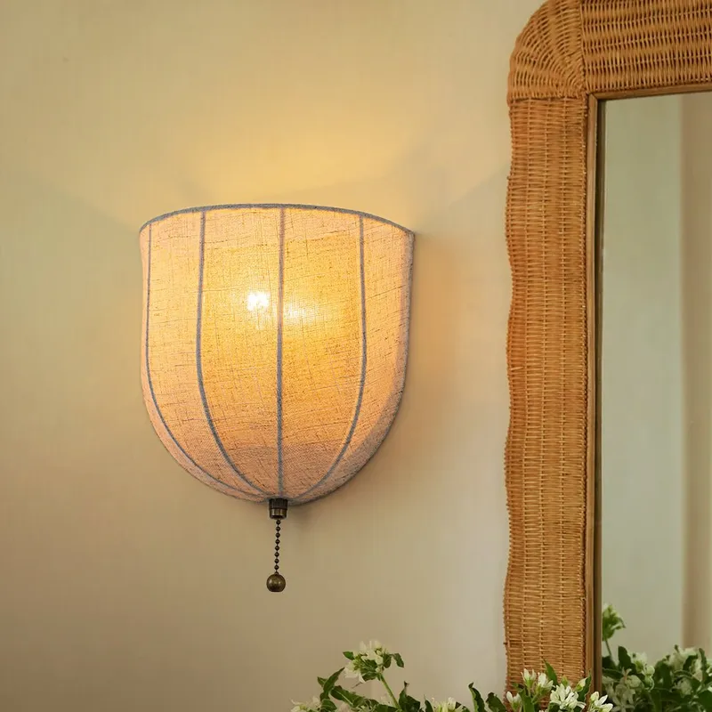 1-Light Vintage Natural Fabric Linen Cage Wall Sconce — LightFixturesUSA LED Pendant Lights 60.0W 
