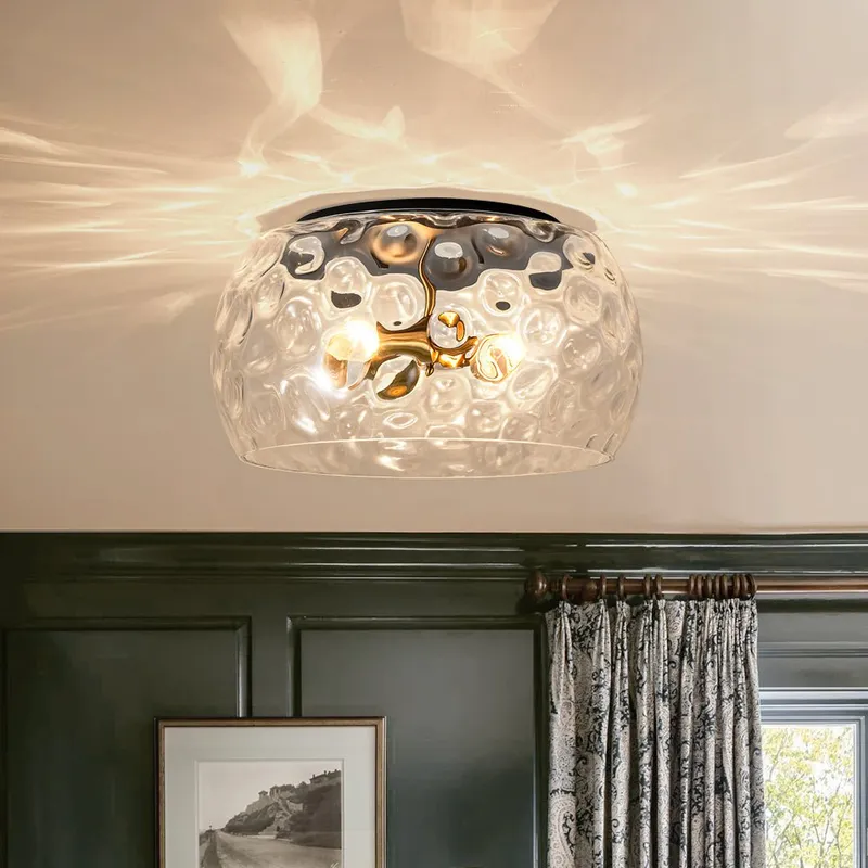 3-Light Wide Bowl Hammered Glass Round Flush Mount — LightFixturesUSA LED Ceiling Lights 60.0W 