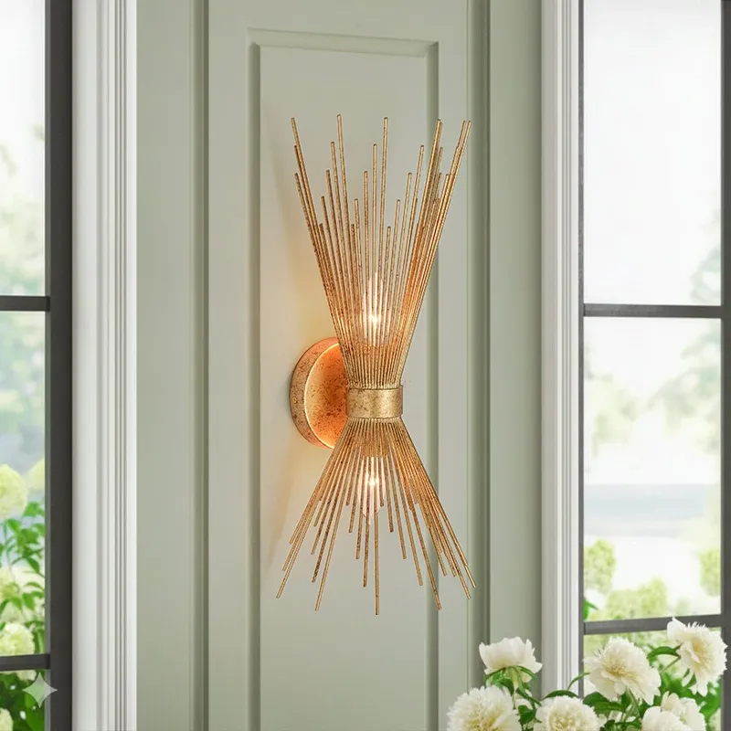 Vintage 2-Light Sunburst Antique Gold Vanity Wall Sconce — LightFixturesUSA LED Wall Lights 60.0W 