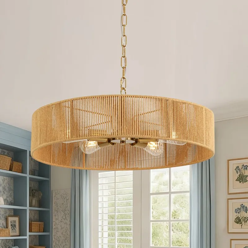 French Country Brown Woven Rope Wide Drum Semi Flush Chandelier — LightFixturesUSA LED Pendant Lights 60.0W 