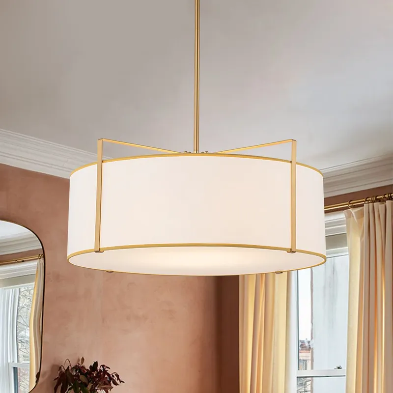 Brass Large White Fabric Drum Cage Chandelier — LightFixturesUSA LED Pendant Lights 60.0W 