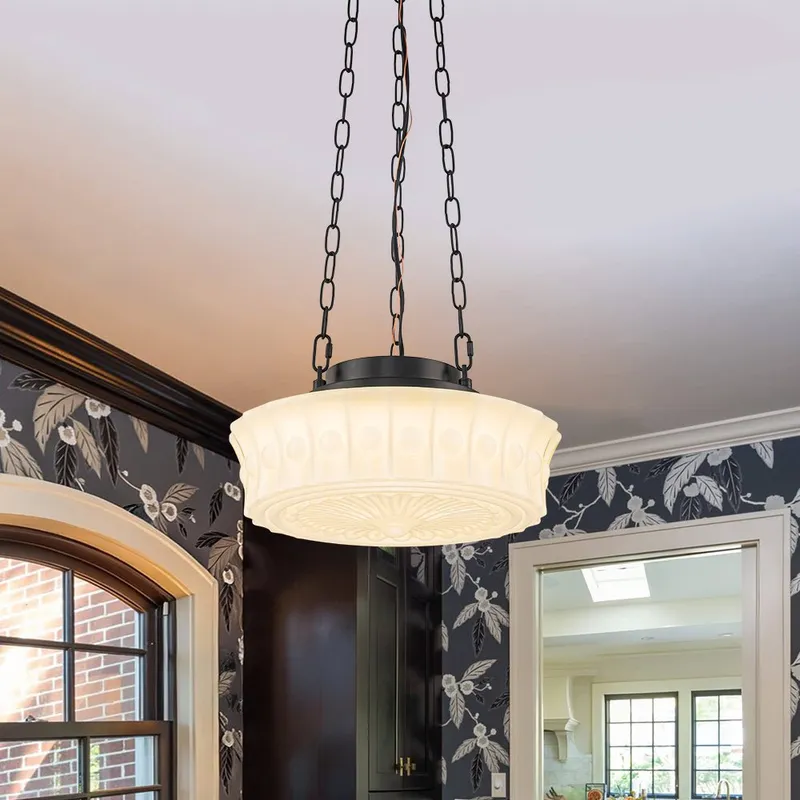 Art Deco Sculptural Milk Glass Schoolhouse LED Pendant — LightFixturesUSA LED Pendant Lights 18.0W 4000K