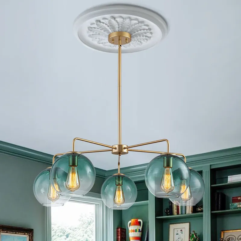 Lake House Green Glass Globe 5-Light Round Sputnik Chandelier — LightFixturesUSA LED Pendant Lights 40.0W 