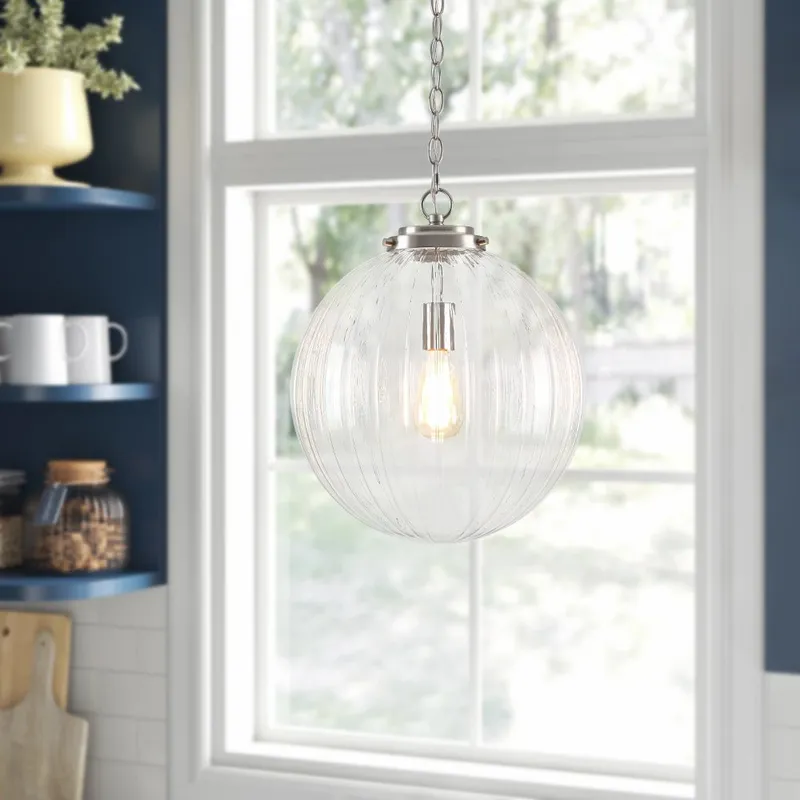 Modern 1-Light Clear Ribbed Glass Globe Pendant — LightFixturesUSA LED Pendant Lights 60.0W 