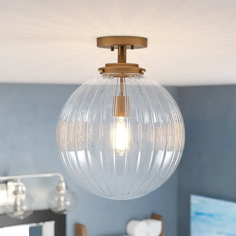 Modern 1-Light Clear Ribbed Glass Globe Semi Flush Mount — LightFixturesUSA LED Ceiling Lights 40.0W 