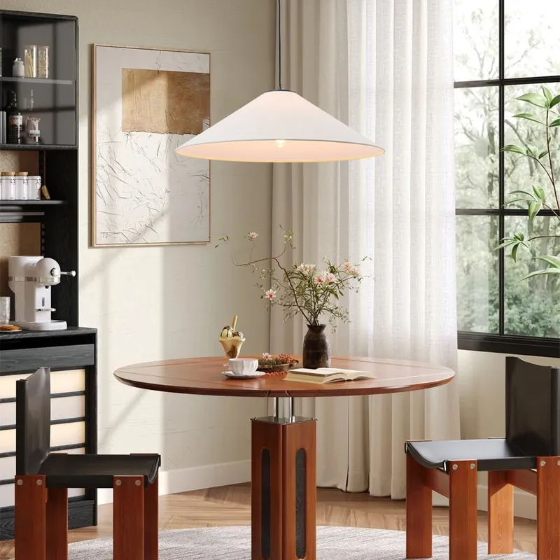 1-Light Large White Linen Shallow Conical Cage Pendant — LightFixturesUSA LED Pendant Lights 60.0W 