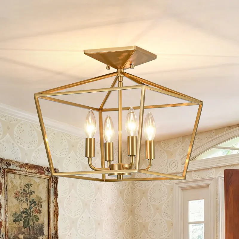 4-Light Candle Style Square Lantern Semi Flush Mount — LightFixturesUSA LED Ceiling Lights 60.0W 