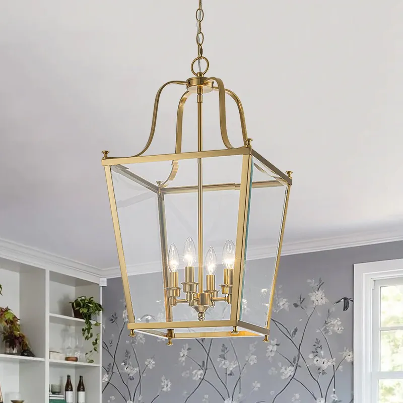4-Light French Candle Style Wide Square Glass Lantern Pendant — LightFixturesUSA LED Pendant Lights 60.0W 