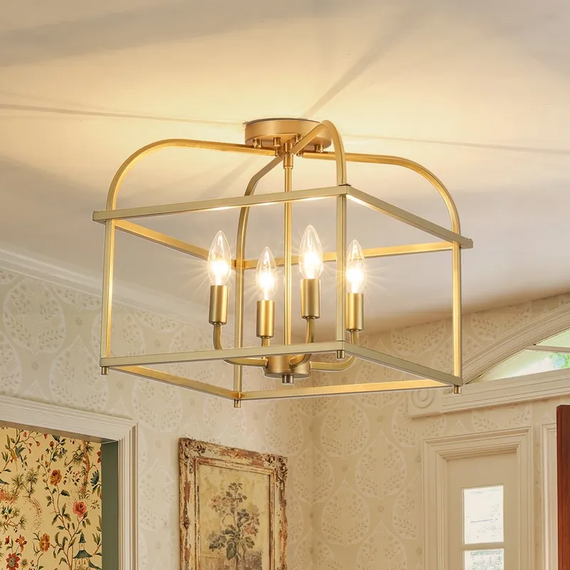 Modern 4-Light Candle Style Square Cage Semi Flush Mount — LightFixturesUSA LED Ceiling Lights 60.0W 